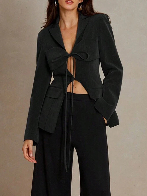 Long Sleeves Loose Pockets Solid Color Tied Notched Collar Blazer Outerwear