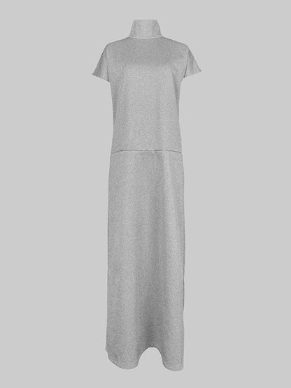 Robe longue ample à manches courtes et col montant, couleur unie 