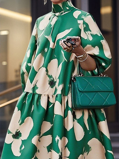 Half Sleeves Loose Flower Print High Neck Midi Dresses
