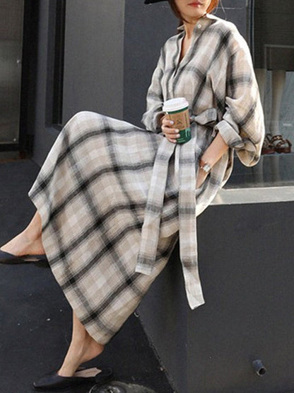 Long Sleeves Loose Plaid Split-Joint Tied Waist Lapel Maxi Dresses Shirt Dress