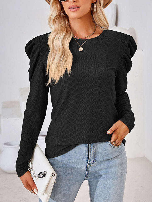 Long Sleeves Loose Pleated Solid Color Round-Neck T-Shirts Tops BLACK M