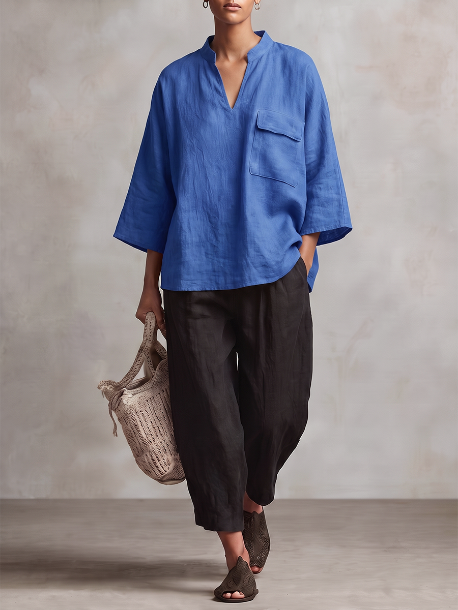 Solid Color Pockets Loose Long Sleeves V-neck Blouses&shirts Tops