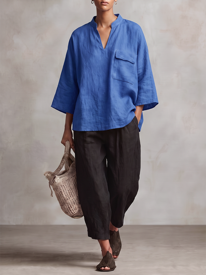 Solid Color Pockets Loose Long Sleeves V-neck Blouses&shirts Tops