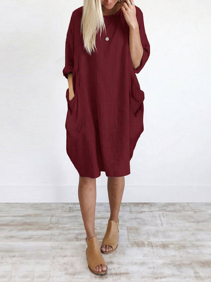 Long Sleeves Loose Pockets Solid Color Round-Neck Mini Dresses