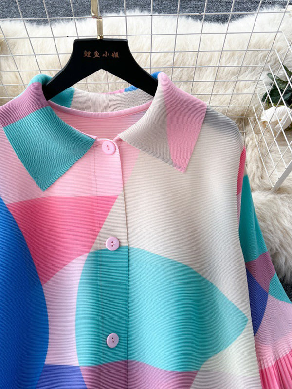 Flared Sleeves Loose Belted Contrast Color Pleated Midi Dresses