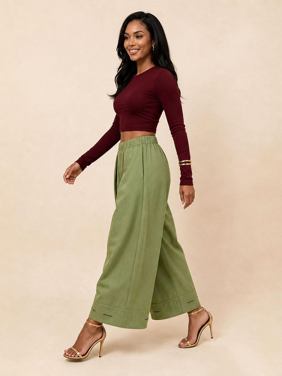 Solid Color Pockets Pleated Elasticity Buttoned Wide Leg Loose Trousers Pants