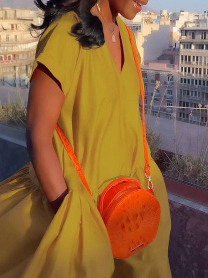 Robe longue ample à manches courtes et poches plissées, couleur unie, col en V fendu 