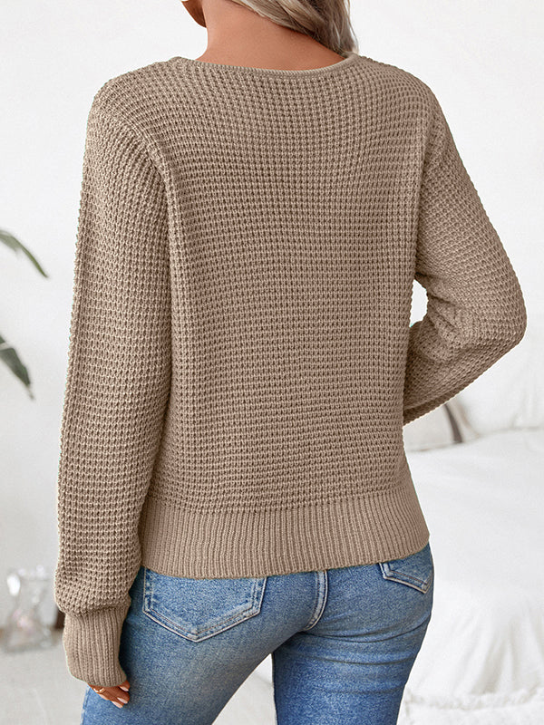 Long Sleeves Loose Hollow Solid Color Split-Joint Round-Neck Pullovers Sweater Tops