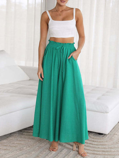 High Waisted Loose Drawstring Elasticity Pleated Pockets Solid Color Pants Trousers