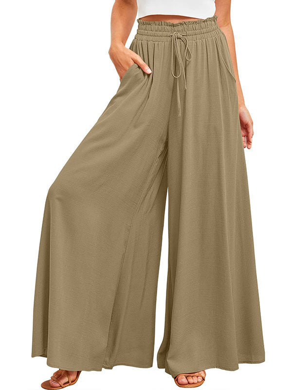 High Waisted Loose Drawstring Elasticity Pleated Pockets Solid Color Pants Trousers