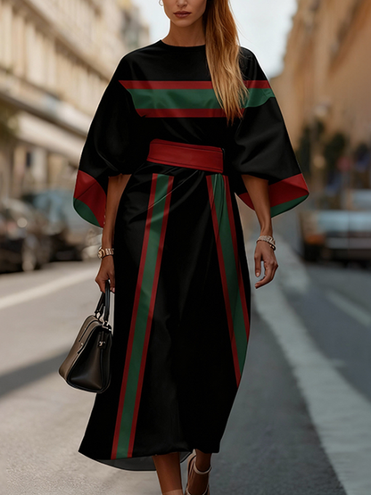 Batwing Sleeves Elasticated Waist Contrast Color Split-Joint Striped Round-Neck Midi Dresses