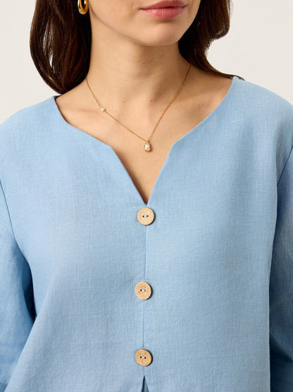 Loose Three-Quarter Sleeves Buttoned Solid Color V-Neck Blouses&Shirts Tops