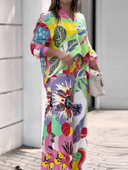 Contrast Color Printed Long Sleeves Buttoned Lapel Blouses Top+ High Waisted Pants Bottom Two Pieces Set