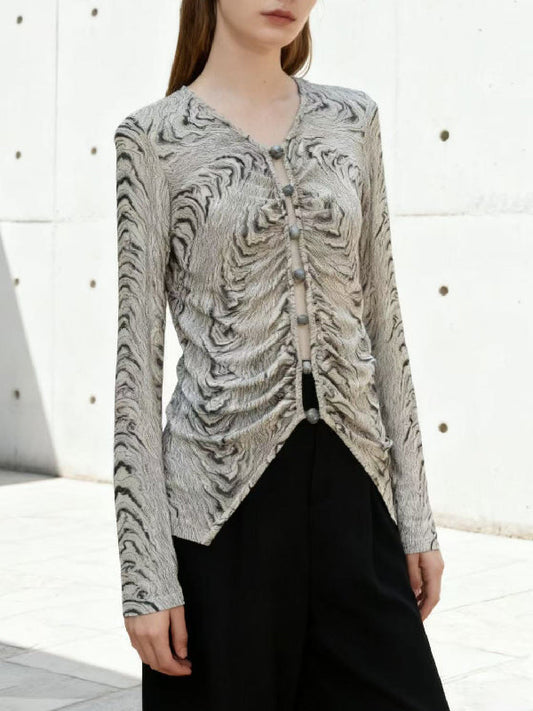 Long Sleeves Buttoned Elasticity Pleated V-Neck Blouses&Shirts Tops