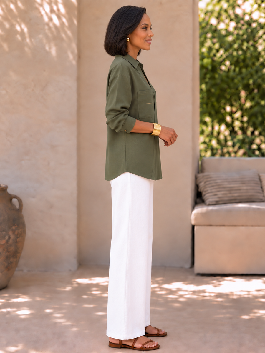 Split-Joint Pockets Contrast Color Asymmetric Three-quarter Sleeves V-neck Blouses&shirts Tops