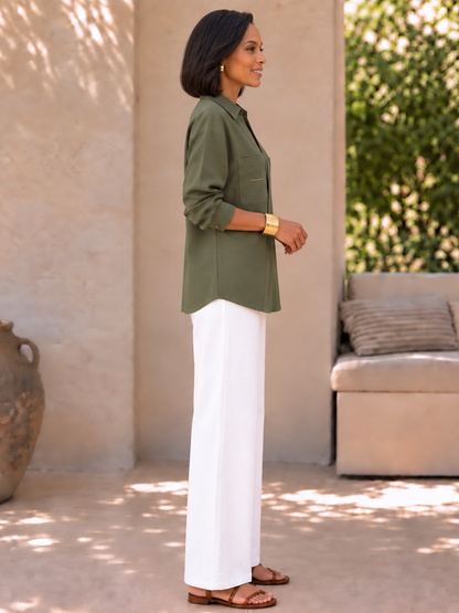 Split-Joint Pockets Contrast Color Asymmetric Three-quarter Sleeves V-neck Blouses&shirts Tops