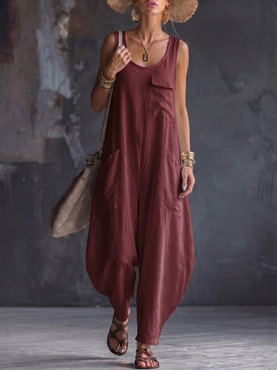 Loose Sleeveless Pockets Solid Color Square-Neck Jumpsuits