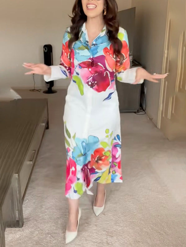Long Sleeves Loose Buttoned Flower Print Lapel Maxi Dresses Shirt Dress
