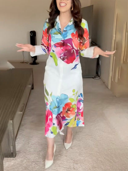 Long Sleeves Loose Buttoned Flower Print Lapel Maxi Dresses Shirt Dress