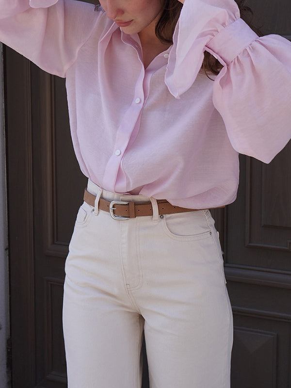 Loose Puff Sleeves Pleated Solid Color Split-Joint Lapel Blouses&Shirts Tops