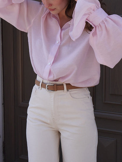 Loose Puff Sleeves Pleated Solid Color Split-Joint Lapel Blouses&Shirts Tops