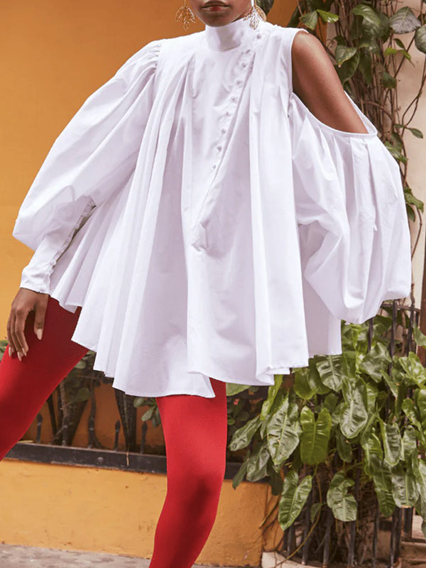 Loose Over Size Buttoned Solid Color High Neck Blouses&Shirts Tops