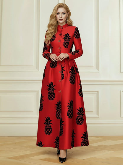 A-Line Elasticated Waist Buttoned Contrast Color Pleated Printed Single-Breasted Split-Front Split-Joint Stand Collar Maxi Dresses Shirt Dress