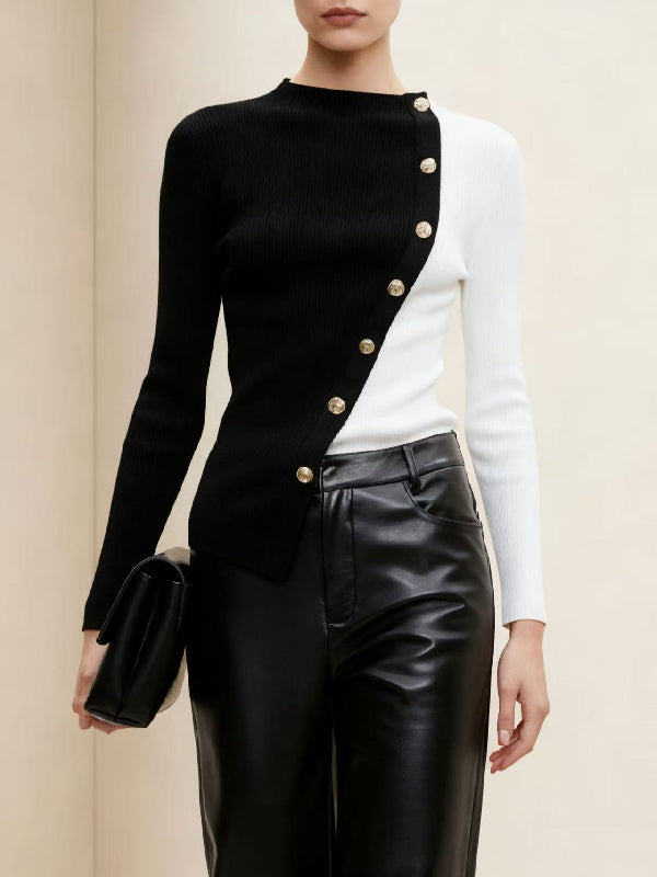 Long Sleeves Skinny Asymmetric Contrast Color Split-Joint Round-Neck Knitwear Sweater Tops