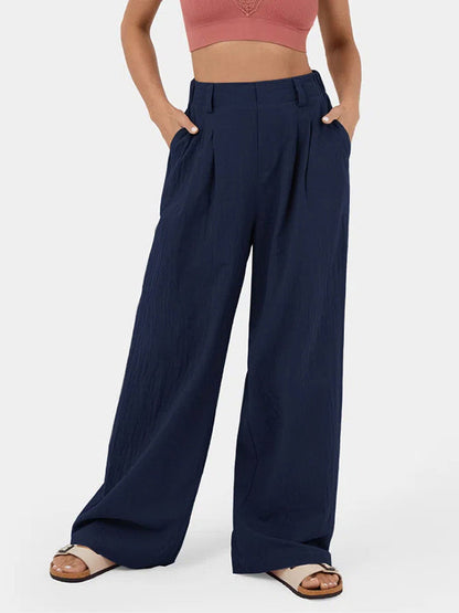 Loose Wide Leg Pleated Solid Color Split-Joint Pants Trousers DEEP BLUE