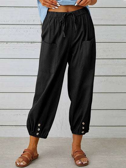 High Waisted Loose Buttoned Drawstring Elasticity Pockets Split-Joint Ninth Pants Trousers