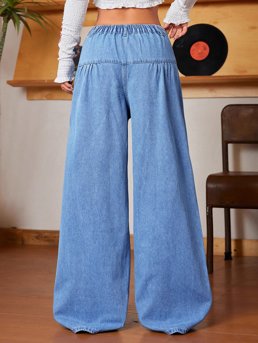Loose Wide Leg Buttoned Elasticity Pleated Pockets Solid Color Jean Pants Bottoms
