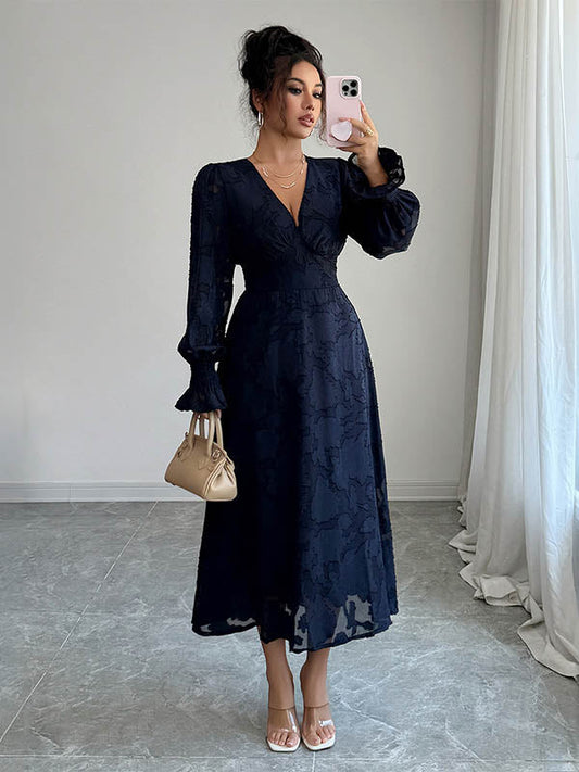 A-Line Elasticated Waist Jacquard Leaves Print Ruffled Solid Color Split-Joint Deep V-Neck Midi Dresses