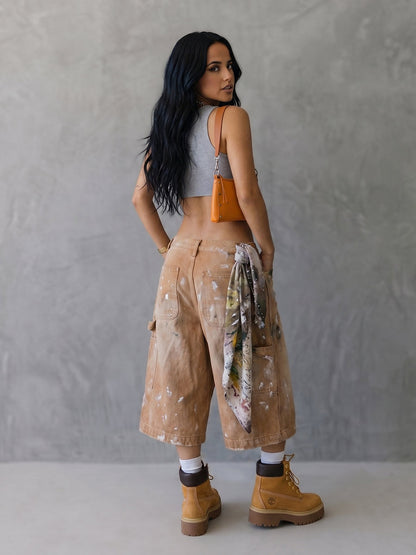High Waisted Wide Leg Pockets Wash Painting Jean Pants Bottoms