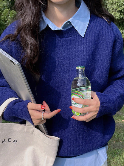 Long Sleeves Loose Solid Color Round-Neck Pullovers Sweater Tops