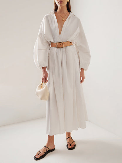 Long Sleeves Loose No Belt Solid Color V-Neck Maxi Dresses