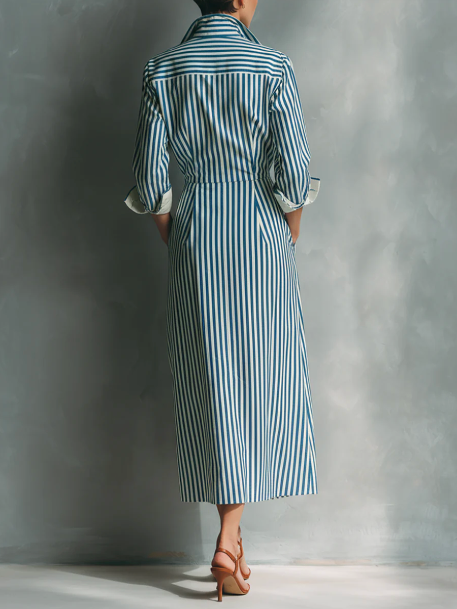 High Waisted Long Sleeves Buttoned Contrast Color Pockets Split-Joint Striped Lapel Midi Dresses