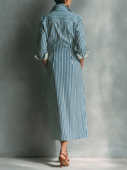 High Waisted Long Sleeves Buttoned Contrast Color Pockets Split-Joint Striped Lapel Midi Dresses
