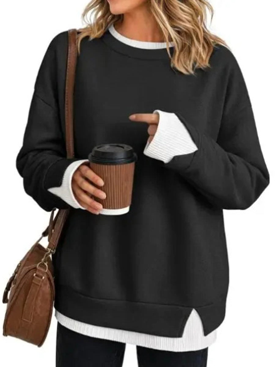Split-Joint Contrast Color Plus Size Loose Round-neck Sweater Pullovers