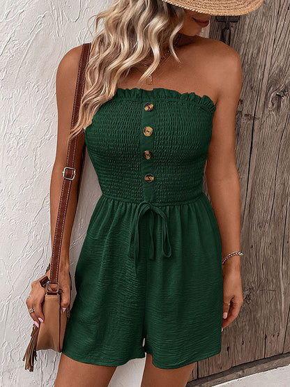 Loose Plus Size Buttoned Drawstring Elasticity Pockets Split-Joint Tube Rompers