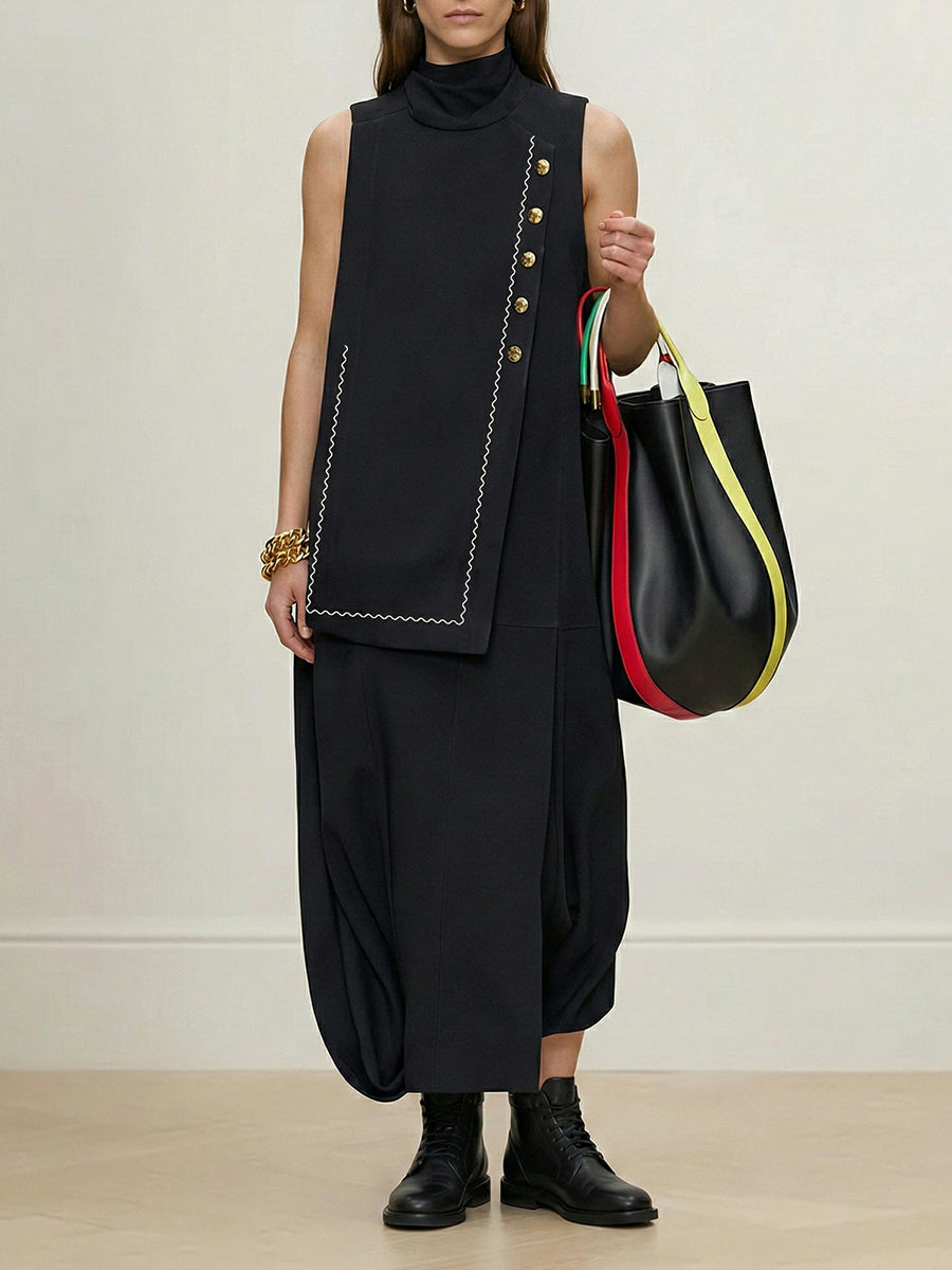 Irregularity Loose Asymmetric Buttoned Contrast Color Layered Line Split-Joint Split-Side Half Turtleneck Maxi Dresses