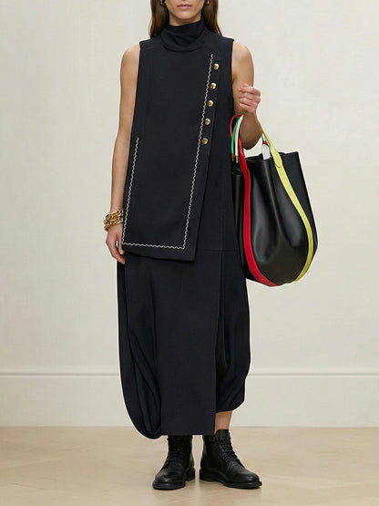 Irregularity Loose Asymmetric Buttoned Contrast Color Layered Line Split-Joint Split-Side Half Turtleneck Maxi Dresses