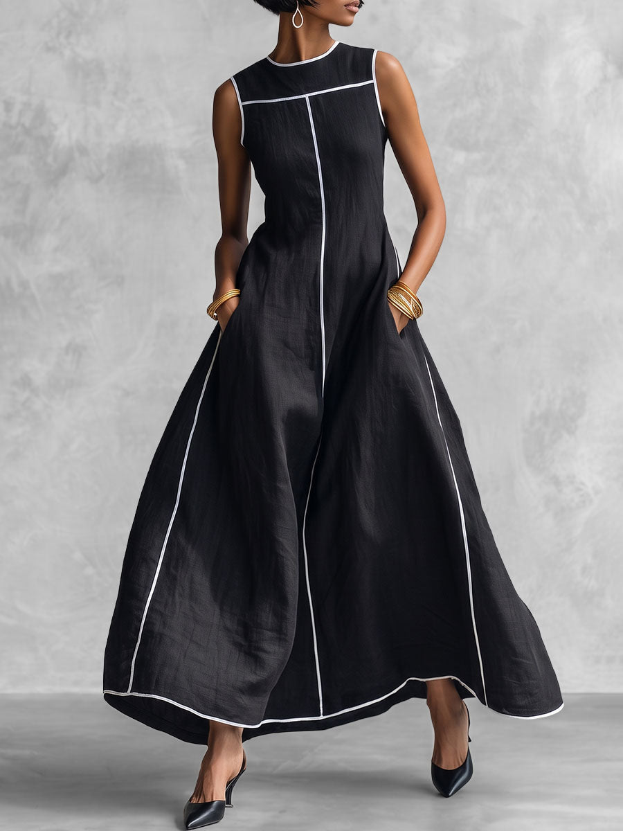A-Line Loose Contrast Color Pockets Striped Round-Neck Maxi Dresses