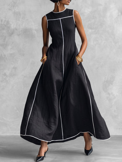 A-Line Loose Contrast Color Pockets Striped Round-Neck Maxi Dresses