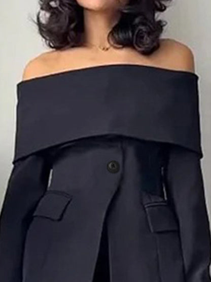 Long Sleeves Solid Color Split-Front Split-Joint Off-The-Shoulder Blazer