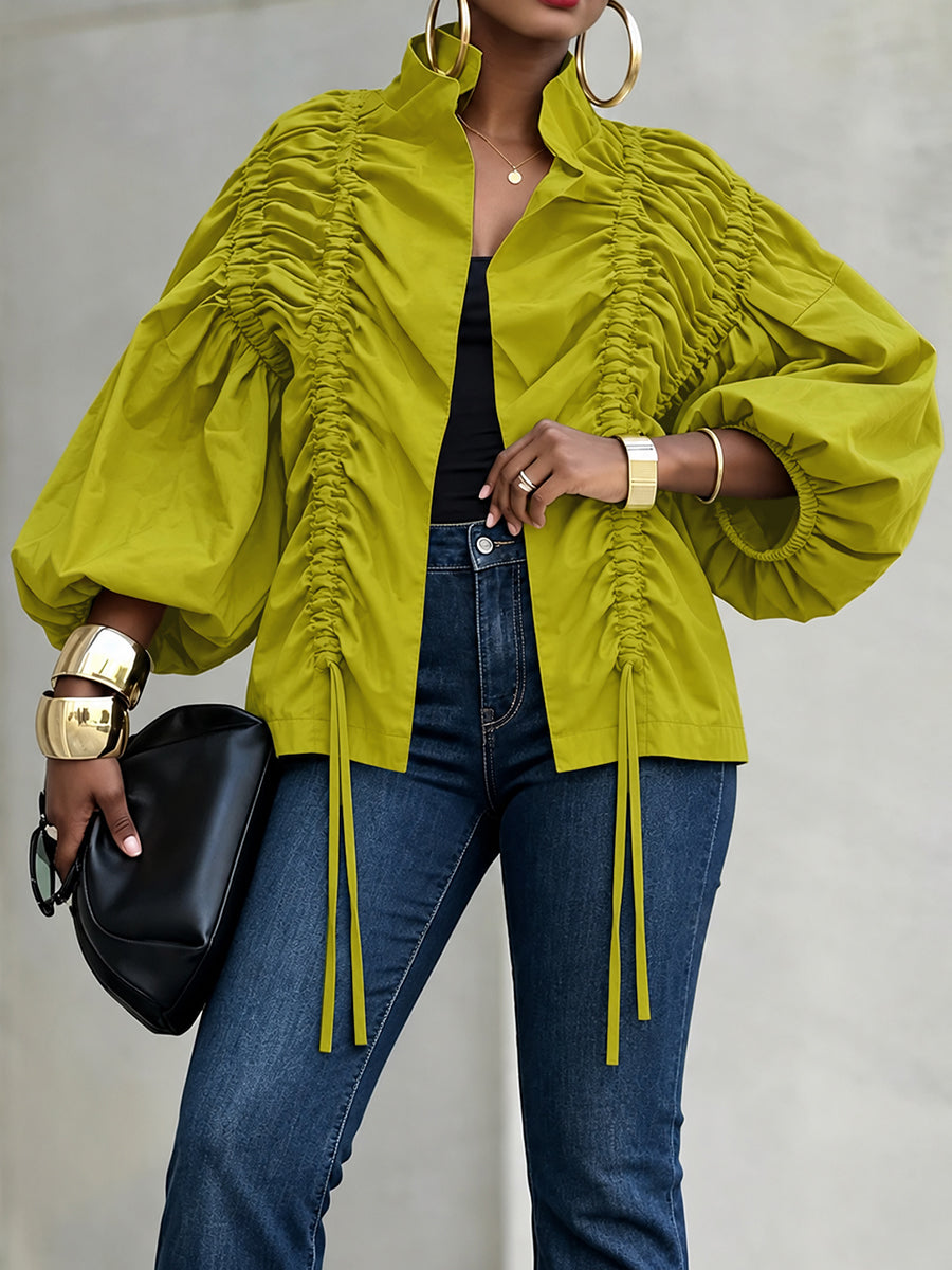 Split-Joint Solid Color Pleated Elasticity Drawstring Three-quarter Sleeves Puff Sleeves Stand Collar Outerwear