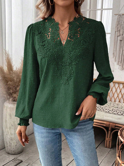 Balloon Sleeves Long Sleeves Embroidered Hollow Solid Color V-Neck Blouses&Shirts Tops