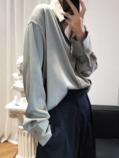 Simple Solid Color Satin Chiffon Long Sleeve Blouse