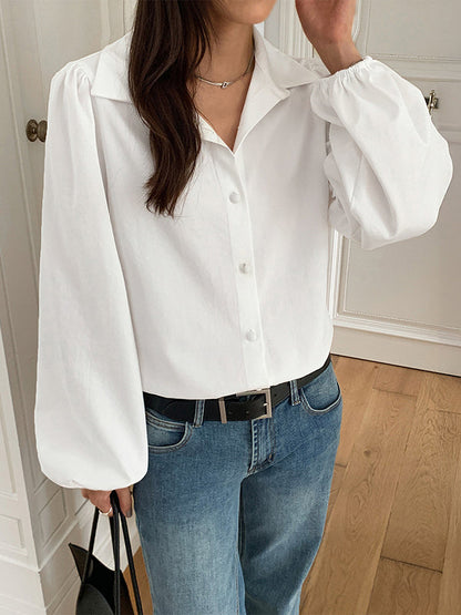 Long Sleeves Puff Sleeves Buttoned Single-Breasted Solid Color Lapel Blouses&Shirts Tops