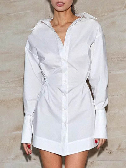 High Waisted Long Sleeves Buttoned Pleated Solid Color Lapel Mini Dresses Shirt Dress