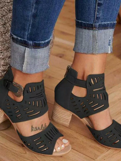 Solid Color Hollow Open Toe Buckle Pumps Sandals